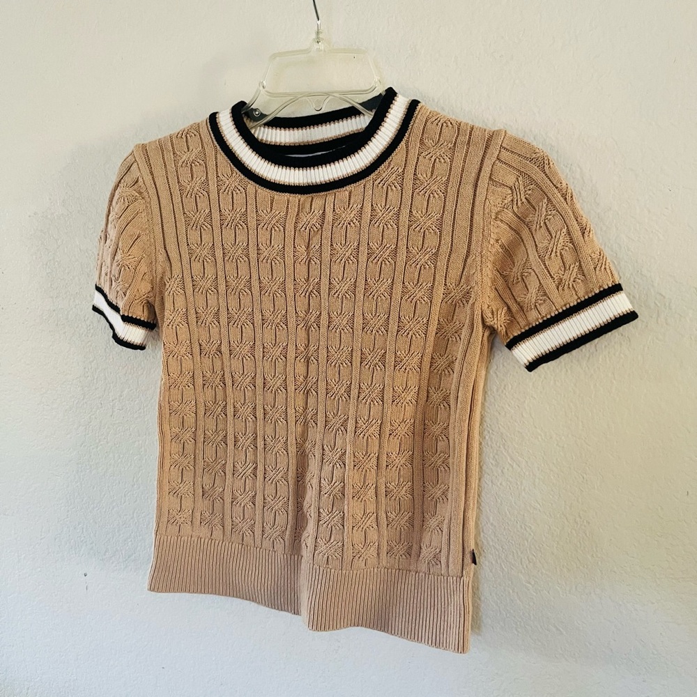 Tommy Hilfiger Beige Cable Knit Sweater with Black & White Trim